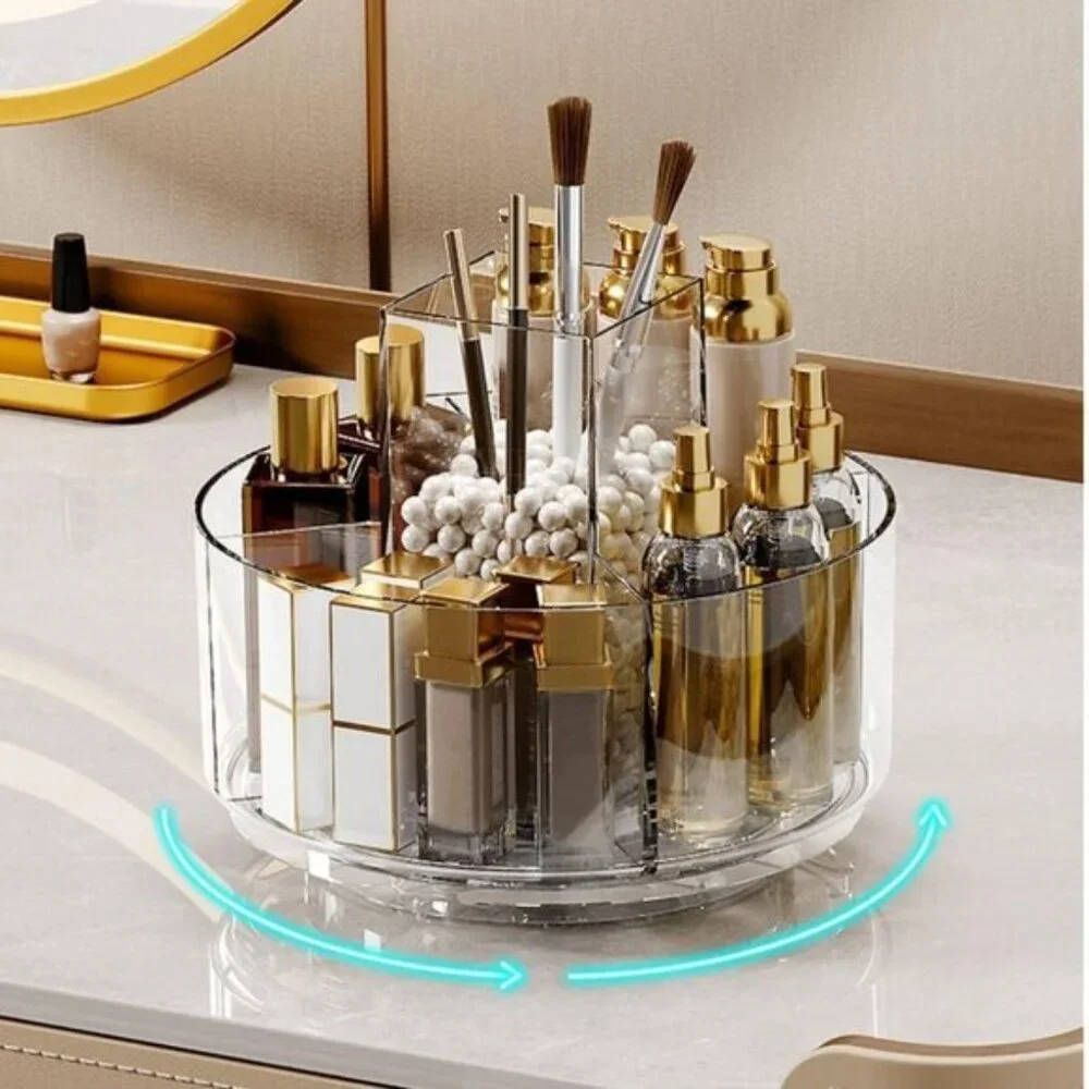 New 360° Rotating Makeup Organizer, Clear Tray with 6 Compartments for Vanity
